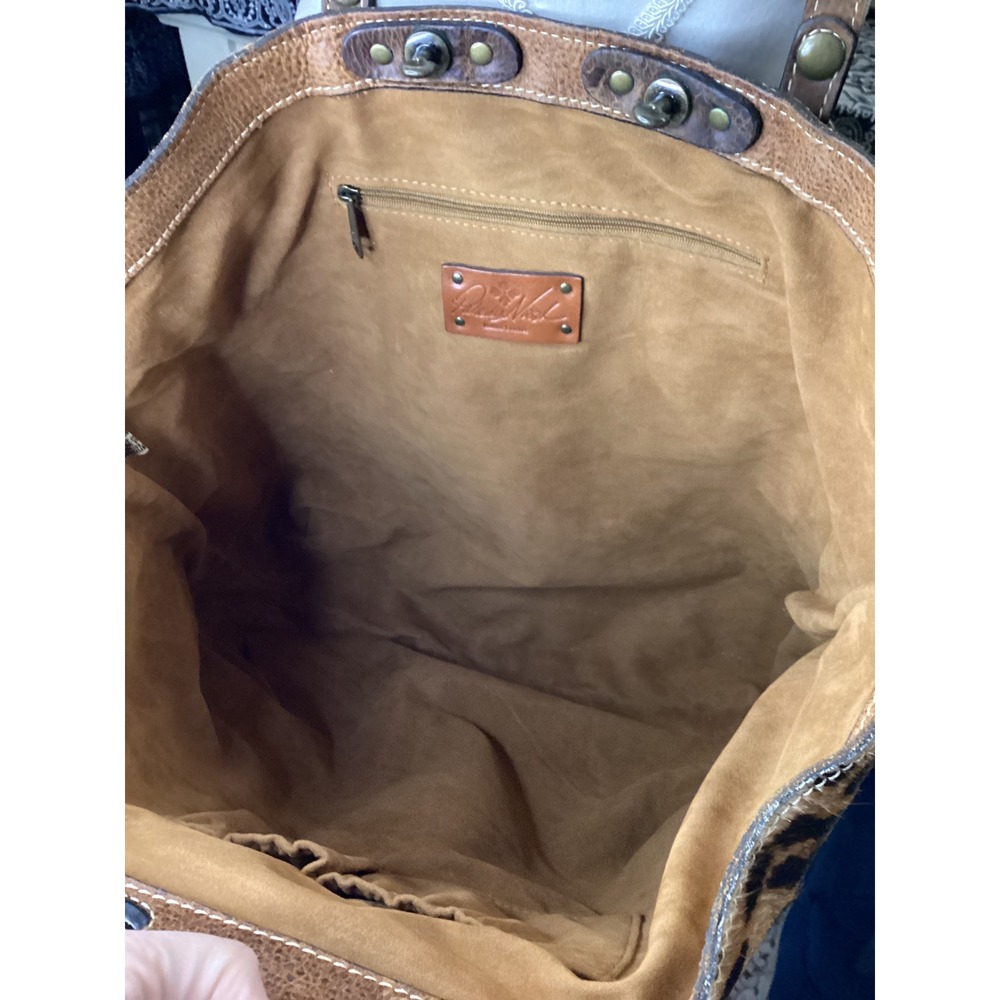 Patricia Nash Leopard Calf Hair Distressed Leather Tote Bag Brown Large Studded - Picture 8 of 10